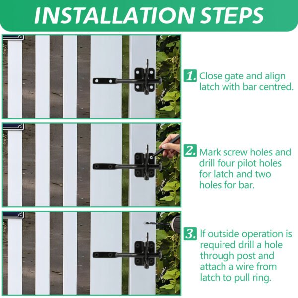 Upgrade Self-Locking Gate Latch for Wooden Fence Heavy Duty, Automatic Gravity Lever Gate Latches with Longer Fasteners & Pull String for Garden, - Image 4