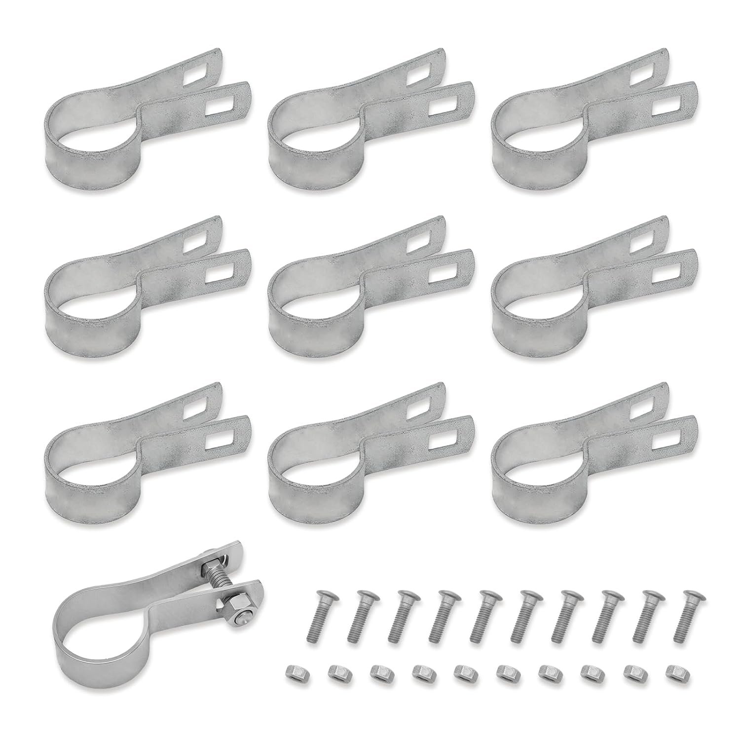 10-Pack Chain Link Fence Tension Bands with Bolts & Nuts – 9 Post Sizes, Silver or Black